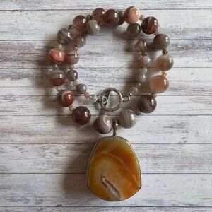 17” Botswana Agate and Agate Druzy Necklace with Stirling Silver Clasp